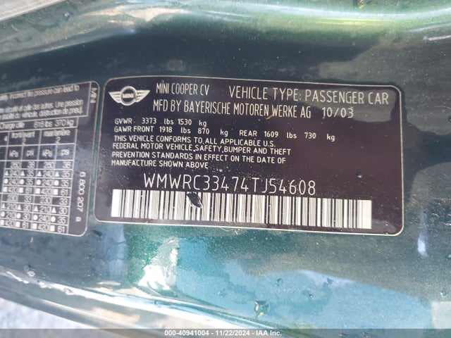 2004 MINI COOPER WMWRC33474TJ54608 Photo 8