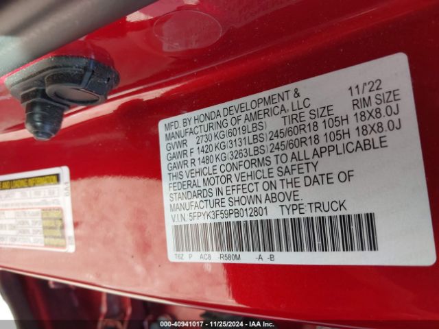 5FPYK3F59PB012801 Honda Ridgeline Rtl