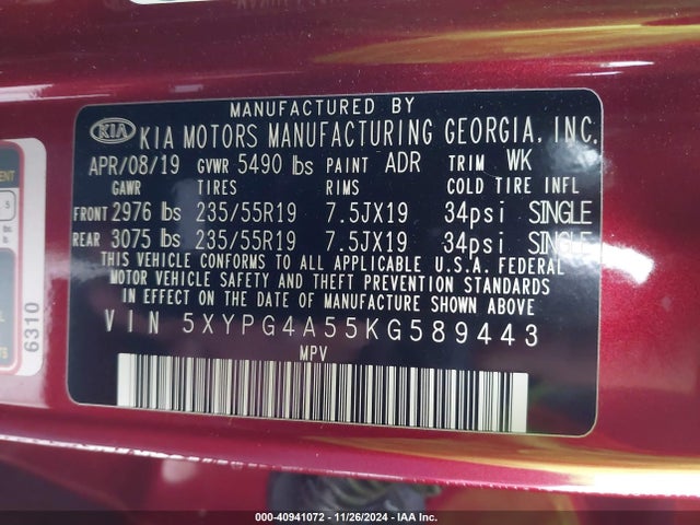 KIA Sorento 3.3l S 2019 5XYPG4A55KG589443 Image 9