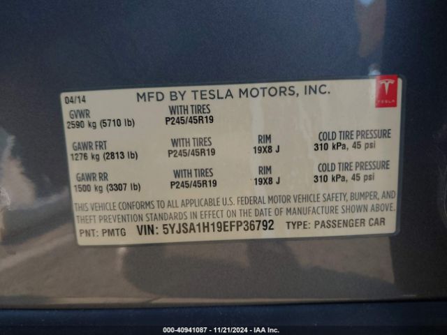 5YJSA1H19EFP36792 Tesla Model S P85