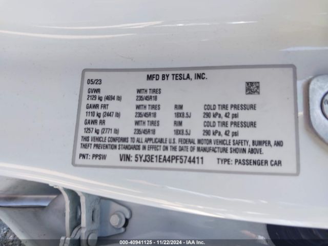 5YJ3E1EA4PF574411 Tesla Model 3 Rear-wheel Drive