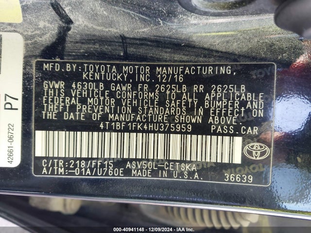 Toyota CAMRY SE 2017 4T1BF1FK4HU375959 Image 9