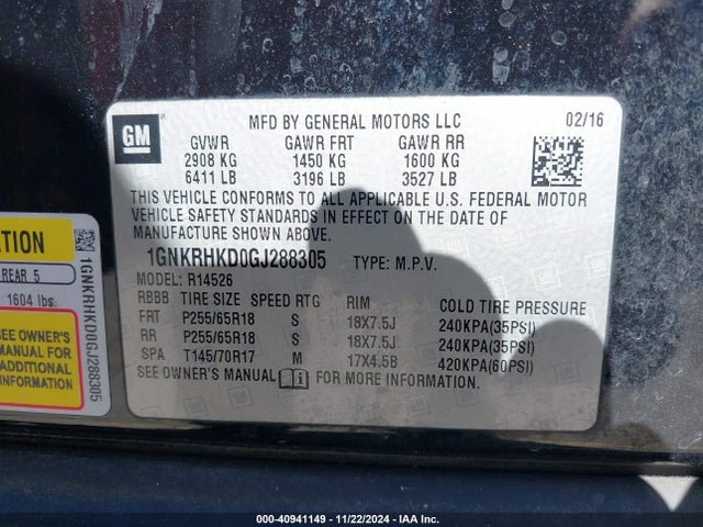 Chevrolet Traverse 2lt 2016 1GNKRHKD0GJ288305 Image 9