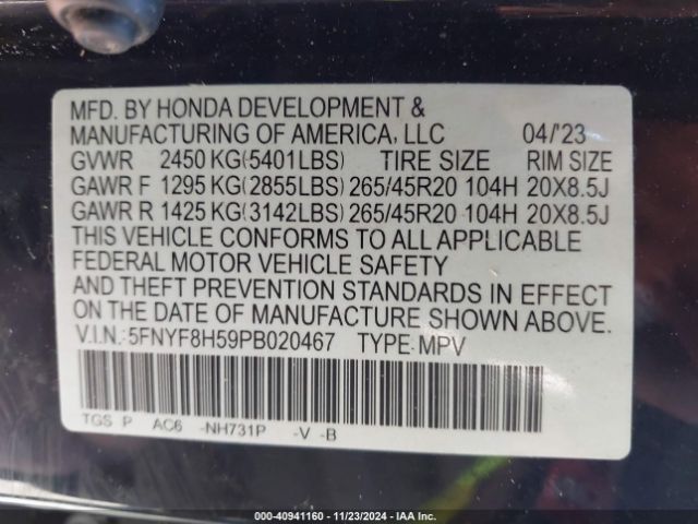 5FNYF8H59PB020467 Honda Passport Awd Ex-l
