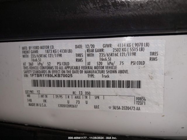 1FTBR1Y89LKB70025 Ford Transit-250 Cargo Van