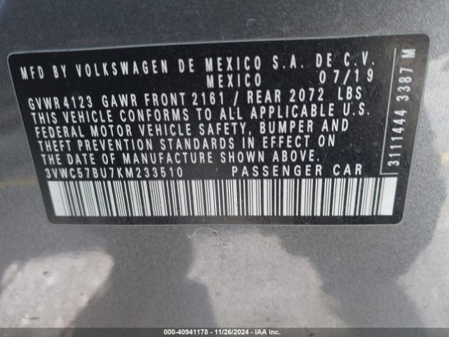 3VWC57BU7KM233510 Volkswagen Jetta 1.4t R-line/1.4t S/1.4t Se