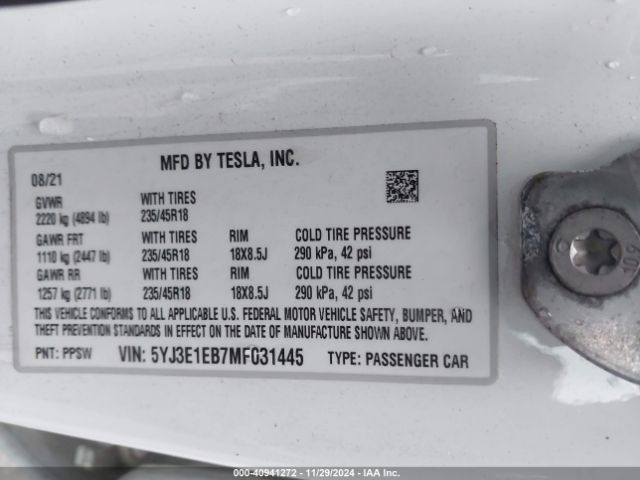5YJ3E1EB7MF031445 Tesla Model 3 Long Range Dual Motor All-wheel Drive