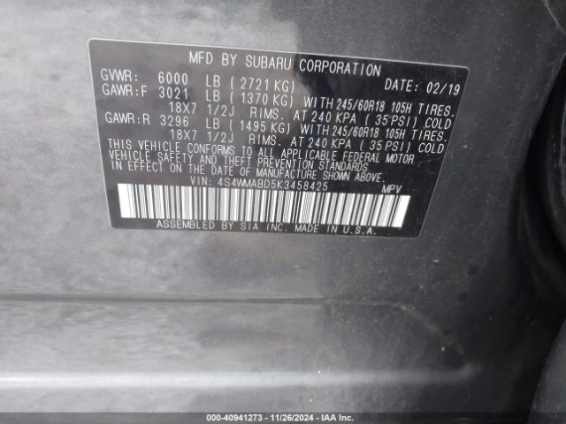 4S4WMABD5K3458425 Subaru Ascent Premium