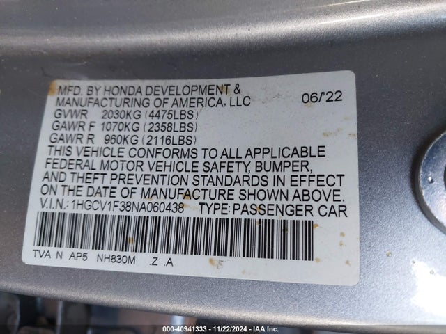 1HGCV1F38NA060438 Honda Accord Sport