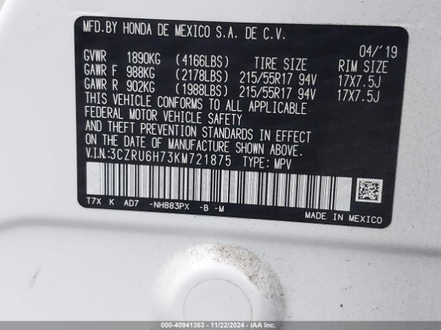 3CZRU6H73KM721875 Honda Hr-v Ex-l