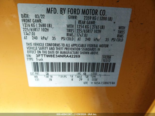 3FTTW8E34NRA42269 Ford Maverick Xlt