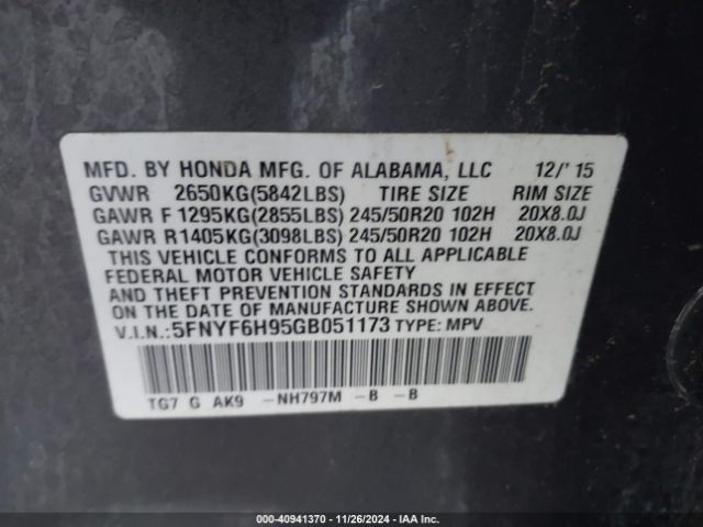 5FNYF6H95GB051173 Honda Pilot Touring