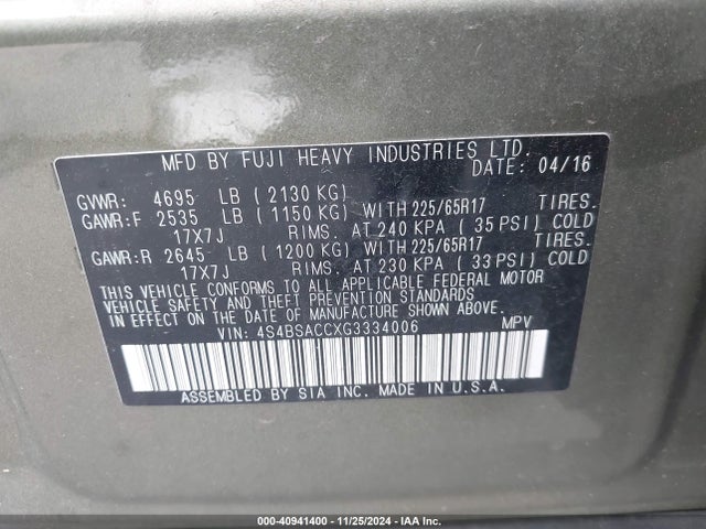 Subaru Outback 2.5i Premium 2016 4S4BSACCXG3334006 Image 9