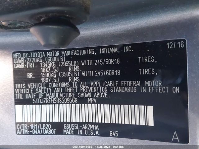 5TDJZRFH5HS509568 Toyota Highlander Xle