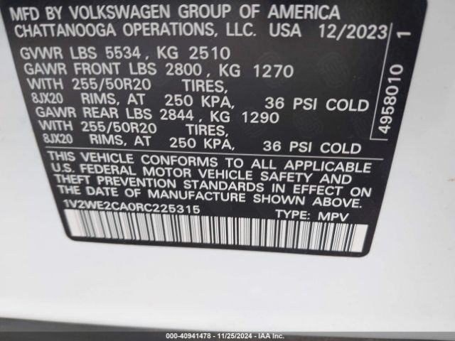 1V2WE2CA0RC225315 Volkswagen Atlas Cross Sport 2.0t Se W/technology