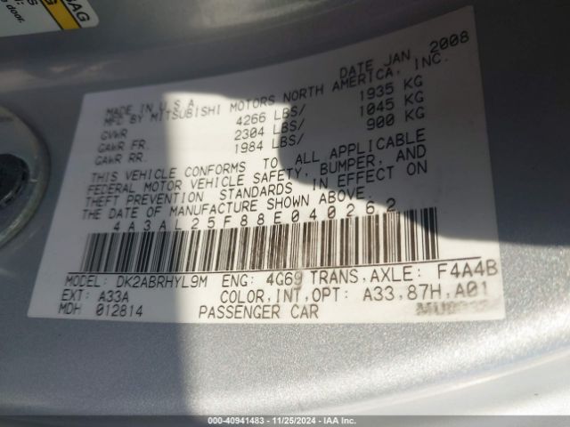 2008 MITSUBISHI ECLIPSE SPYDER 4A3AL25F88E040262 Photo 8