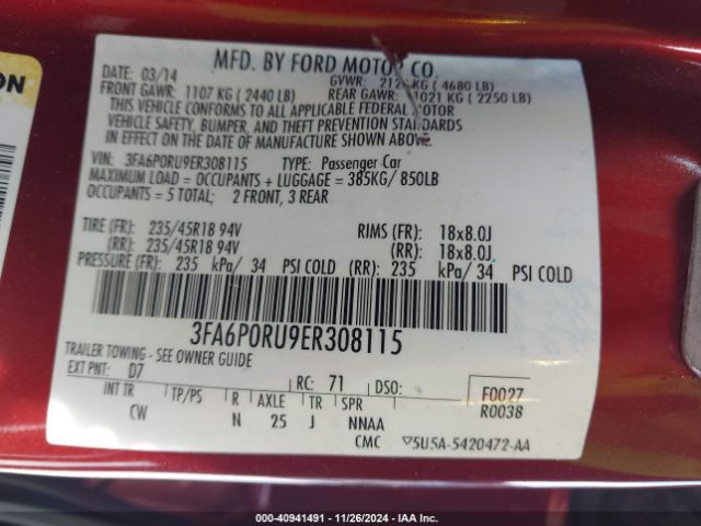 3FA6P0RU9ER308115 Ford Fusion Hybrid Titanium