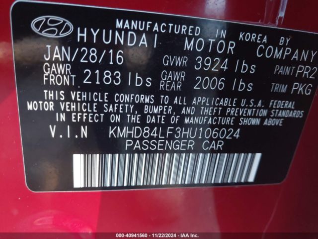 KMHD84LF3HU106024 Hyundai ELANTRA SE