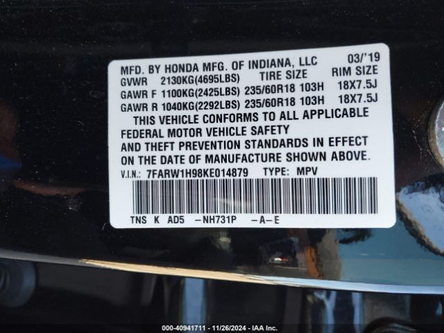 7FARW1H98KE014879 Honda Cr-v Touring