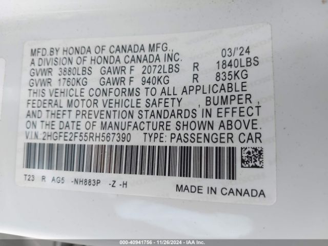 2HGFE2F55RH567390 Honda Civic Sport