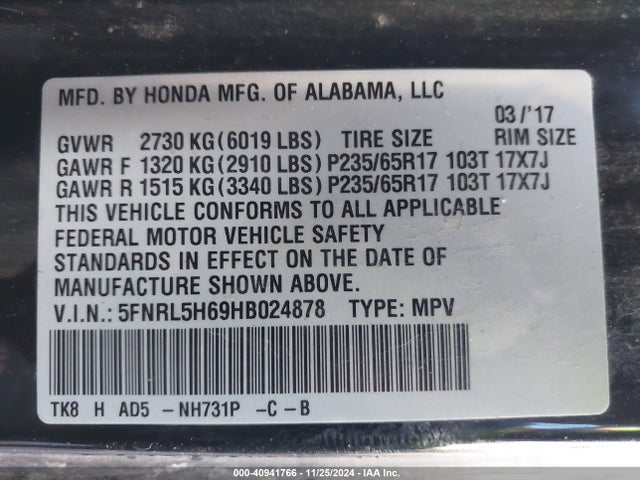 Honda Odyssey Ex-l 2017 5FNRL5H69HB024878 Image 9