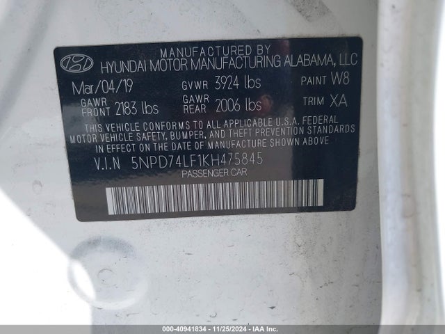 5NPD74LF1KH475845 Hyundai mpi nu