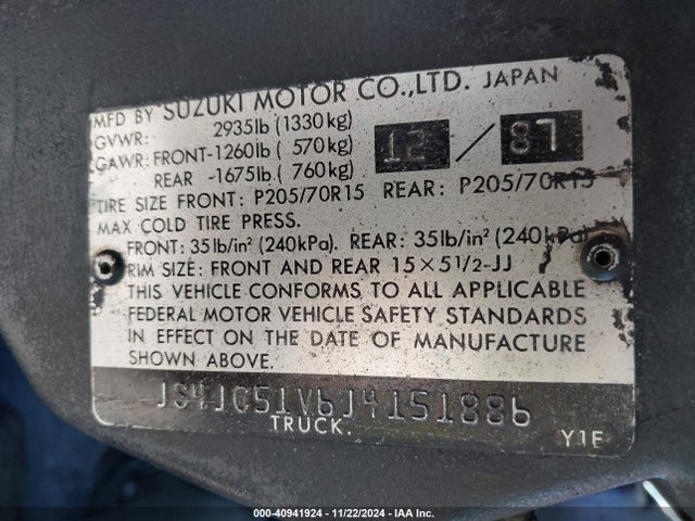 1988 Suzuki Samurai მანქანა იყიდება აუქციონზე, vin: JS4JC51V6J4151886, აუქციონის ნომერი: 40941924