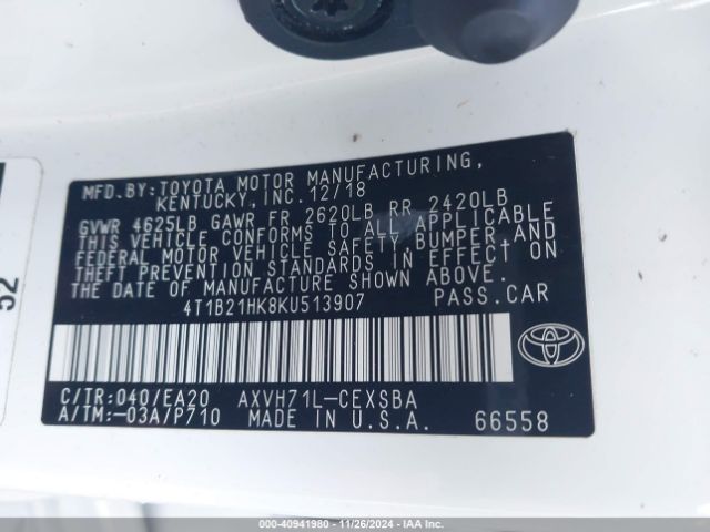 4T1B21HK8KU513907 Toyota Camry Hybrid Se