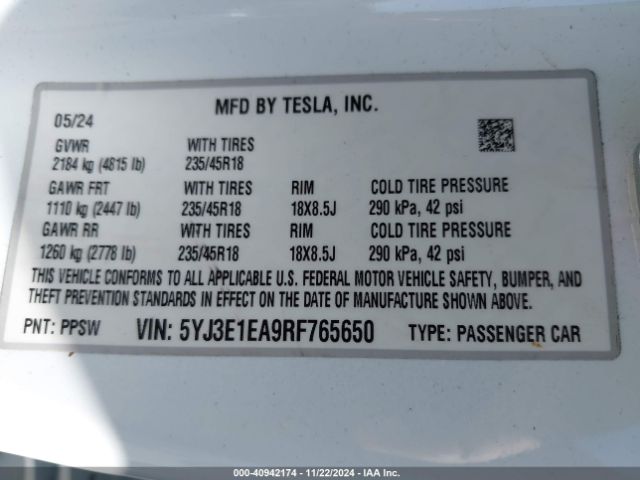 5YJ3E1EA9RF765650 Tesla Model 3 Rear-wheel Drive