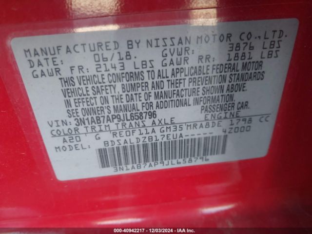 3N1AB7AP9JL658796 Nissan SENTRA SV