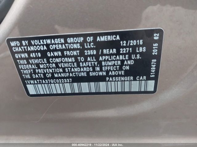 1VWAT7A37GC022337 Volkswagen Passat 1.8t S