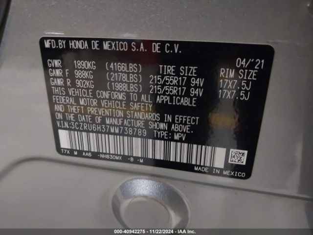3CZRU6H37MM738789 Honda Hr-v Awd Lx