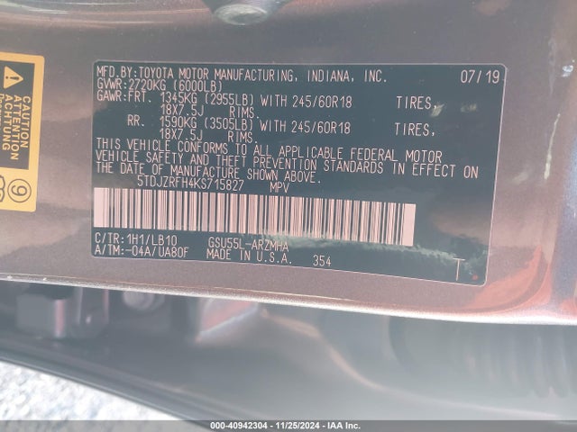 5TDJZRFH4KS715827 Toyota 2gr-fks
