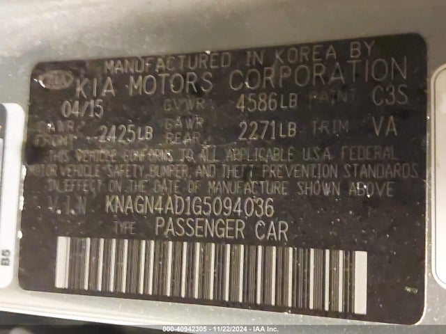 KNAGN4AD1G5094036 KIA Optima Hybrid Ex