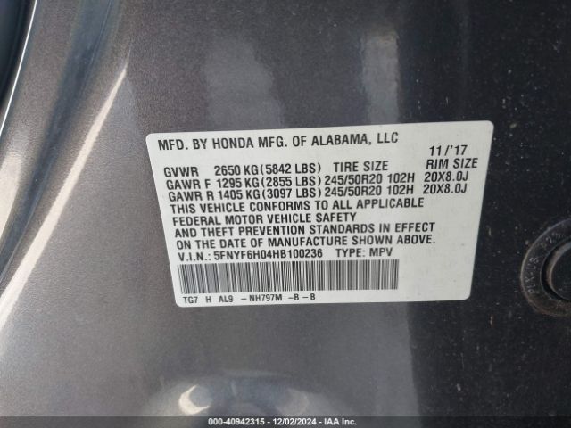 5FNYF6H04HB100236 Honda Pilot Elite