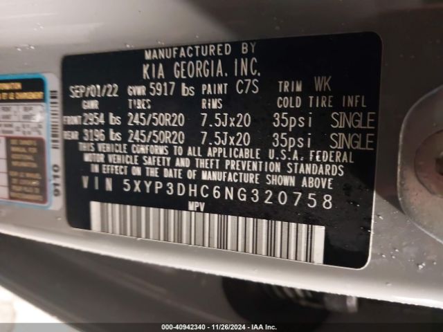 5XYP3DHC6NG320758 KIA Telluride Ex