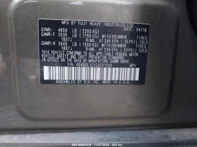 4S4BSEJC5G3331590 Subaru Outback 3.6r Limited
