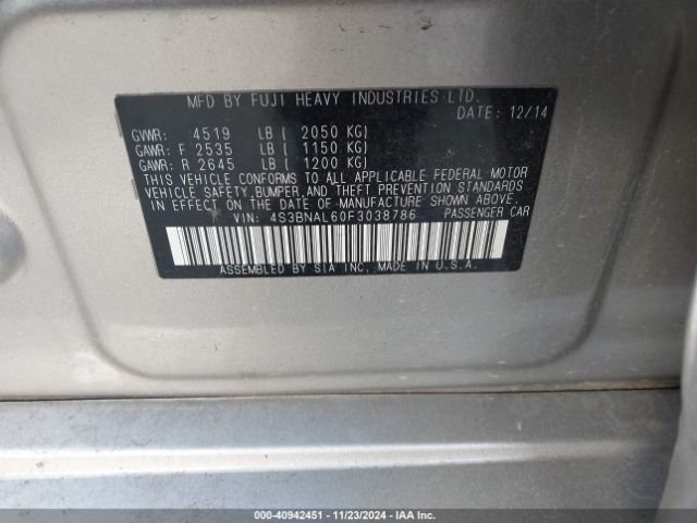 4S3BNAL60F3038786 Subaru Legacy 2.5i Limited