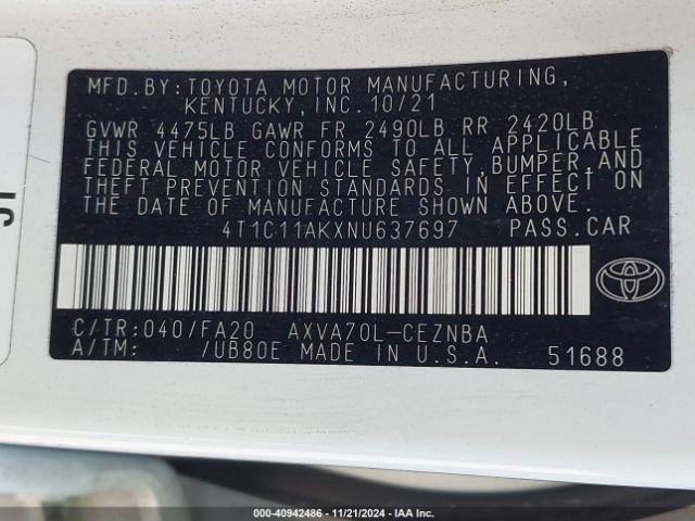 4T1C11AKXNU637697 Toyota CAMRY LE