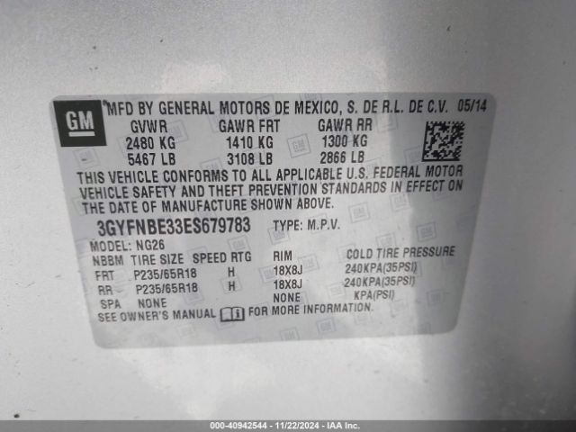 3GYFNBE33ES679783 Cadillac Srx Luxury Collection