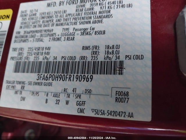 Ford FUSION SE 2015 3FA6P0H90FR190969 Image 9