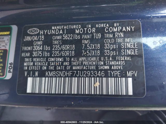KM8SNDHF7JU293346 Hyundai Santa Fe Se