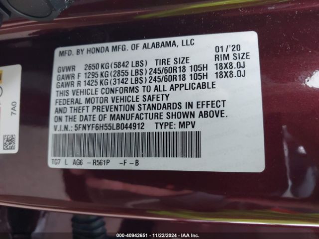 5FNYF6H55LB044912 Honda Pilot Awd Ex-l