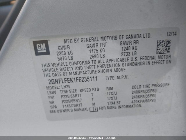 Chevrolet EQUINOX 1LT 2015 2GNFLFEK1F6235111 Image 9