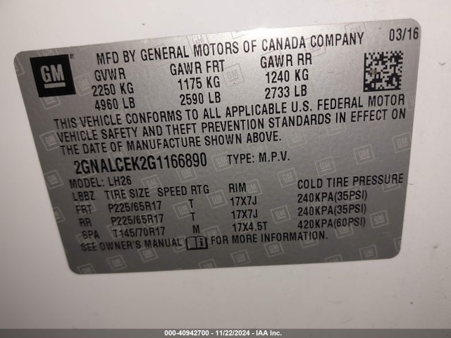 Chevrolet EQUINOX LT 2016 2GNALCEK2G1166890 Image 9