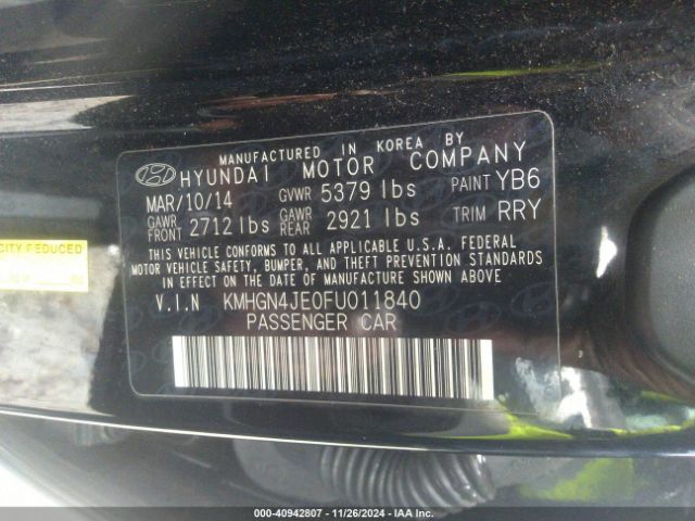 KMHGN4JE0FU011840 Hyundai Genesis 3.8