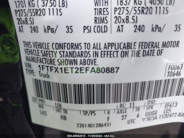 1FTFX1ET2EFA80887 Ford F-150 Lariat
