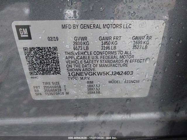 Chevrolet Traverse 1lt 2019 1GNEVGKW5KJ242403 Image 9