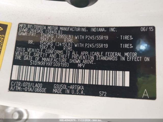 5TDYKRFHXFS091993 Toyota Highlander Limited V6