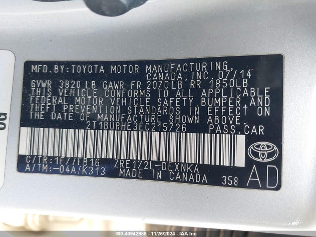 Toyota COROLLA LE 2014 2T1BURHE3EC215726 Image 9
